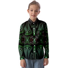 Fractal Green Black 3d Art Floral Pattern Kids  Long Sleeve Shirt by Cemarart