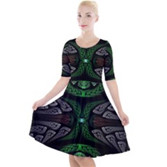 Fractal Green Black 3d Art Floral Pattern Quarter Sleeve A-line Dress With Pockets by Cemarart