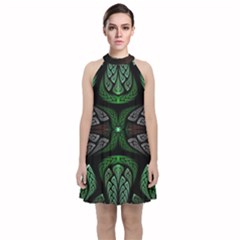 Fractal Green Black 3d Art Floral Pattern Velvet Halter Neckline Dress 