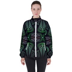 Fractal Green Black 3d Art Floral Pattern Women s High Neck Windbreaker by Cemarart