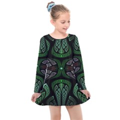 Fractal Green Black 3d Art Floral Pattern Kids  Long Sleeve Dress by Cemarart