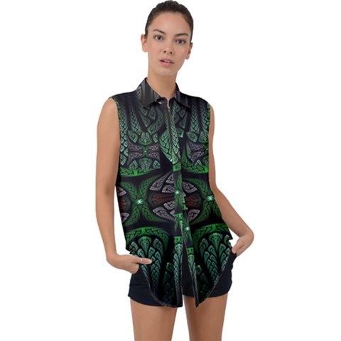 Fractal Green Black 3d Art Floral Pattern Sleeveless Chiffon Button Shirt by Cemarart