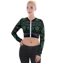 Fractal Green Black 3d Art Floral Pattern Long Sleeve Cropped Velvet Jacket by Cemarart