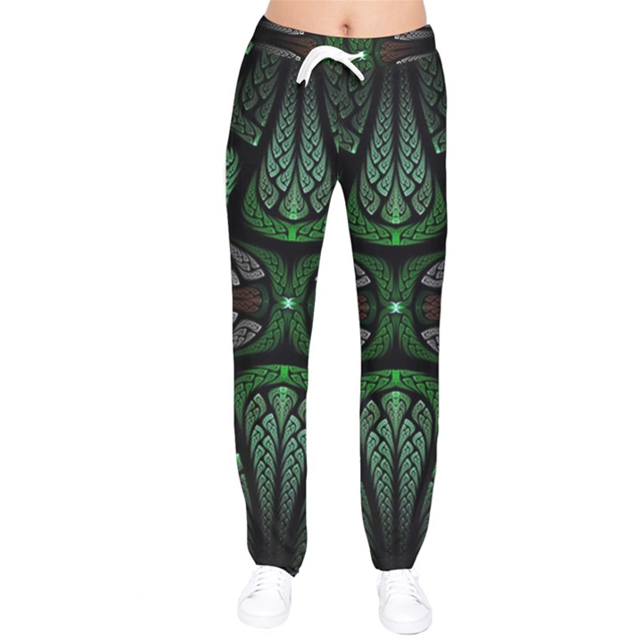 Fractal Green Black 3d Art Floral Pattern Women Velvet Drawstring Pants