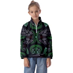 Fractal Green Black 3d Art Floral Pattern Kids  Half Zip Hoodie