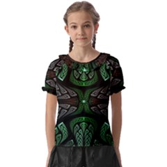 Fractal Green Black 3d Art Floral Pattern Kids  Frill Chiffon Blouse by Cemarart