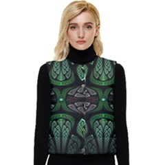 Fractal Green Black 3d Art Floral Pattern Women s Button Up Puffer Vest by Cemarart