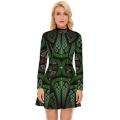 Fractal Green Black 3d Art Floral Pattern Long Sleeve Velour Longline Dress by Cemarart