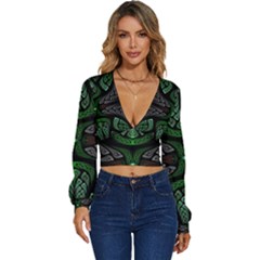 Fractal Green Black 3d Art Floral Pattern Long Sleeve Deep-v Velour Top by Cemarart