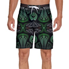 Fractal Green Black 3d Art Floral Pattern Men s Beach Shorts by Cemarart