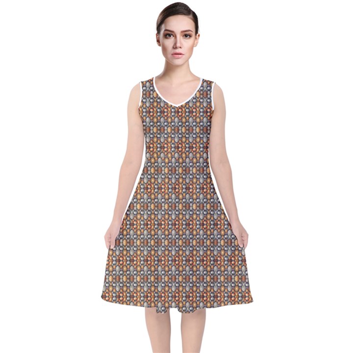 Gold Silver And Bronze Medals Motif  Seamless Pattern2 Wb V-Neck Midi Sleeveless Dress 