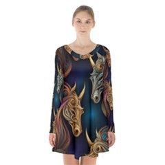 Pattern With Horses Long Sleeve Velvet V-neck Dress