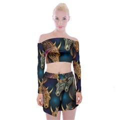 Pattern With Horses Off Shoulder Top With Mini Skirt Set