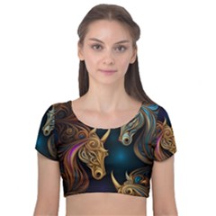 Pattern With Horses Velvet Short Sleeve Crop Top  by 2607694a