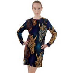 Pattern With Horses Long Sleeve Hoodie Dress