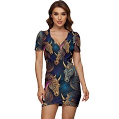 Pattern With Horses Low Cut Cap Sleeve Mini Dress by 2607694a