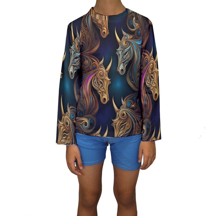 pattern with horses Kids  Long Sleeve Swimwear