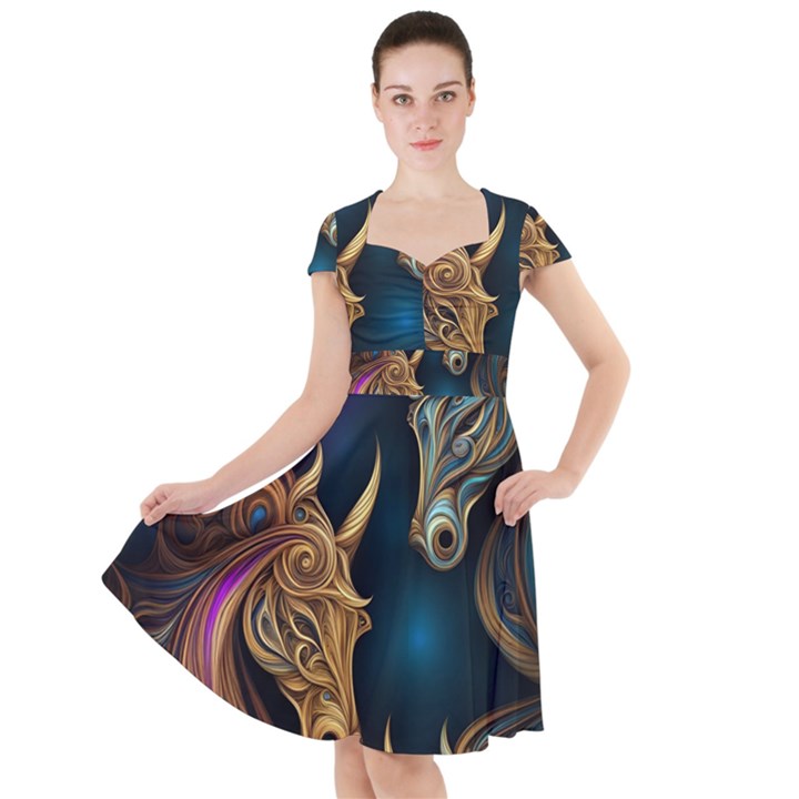 pattern with horses Cap Sleeve Midi Dress With Pockets