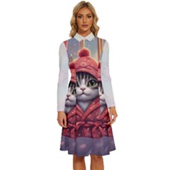 Cat 2 Long Sleeve Shirt Collar A-line Dress