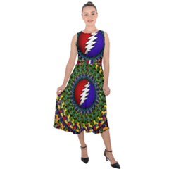 Grateful Dead Bear Pattern Midi Tie-back Chiffon Dress