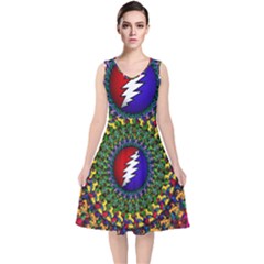 Grateful Dead Bear Pattern V-neck Midi Sleeveless Dress 