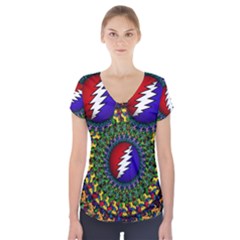 Grateful Dead Bear Pattern Short Sleeve Front Detail Top