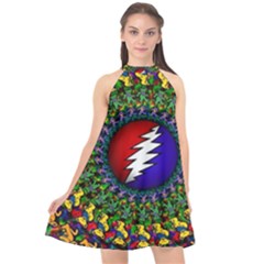 Grateful Dead Bear Pattern Halter Neckline Chiffon Dress 