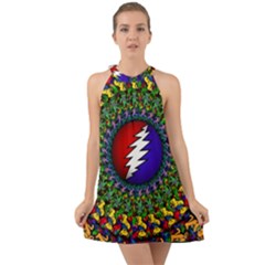 Grateful Dead Bear Pattern Halter Tie Back Chiffon Dress