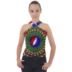 Grateful Dead Bear Pattern Cross Neck Velour Top