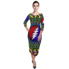 Grateful Dead Bear Pattern Quarter Sleeve Midi Velour Bodycon Dress