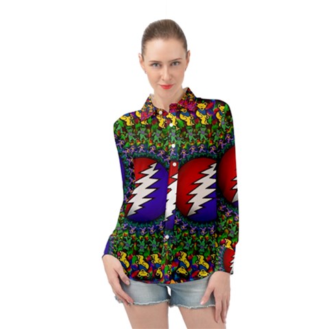 Grateful Dead Bear Pattern Long Sleeve Chiffon Shirt by Maspions