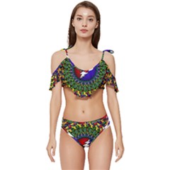 Grateful Dead Bear Pattern Ruffle Edge Tie Up Bikini Set	