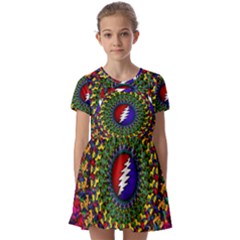 Grateful Dead Bear Pattern Kids  Short Sleeve Pinafore Style Dress