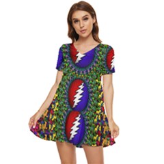 Grateful Dead Bear Pattern Tiered Short Sleeve Babydoll Dress