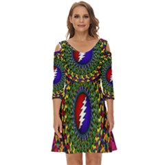 Grateful Dead Bear Pattern Shoulder Cut Out Zip Up Dress