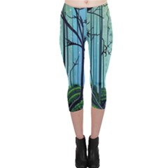 Nature Outdoors Night Trees Scene Forest Woods Light Moonlight Wilderness Stars Capri Leggings  by Grandong