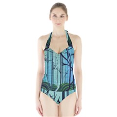 Nature Outdoors Night Trees Scene Forest Woods Light Moonlight Wilderness Stars Halter Swimsuit by Grandong