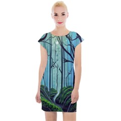 Nature Outdoors Night Trees Scene Forest Woods Light Moonlight Wilderness Stars Cap Sleeve Bodycon Dress by Grandong