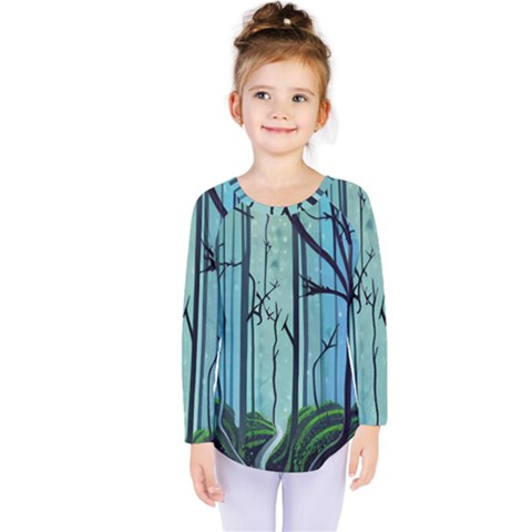 Nature Outdoors Night Trees Scene Forest Woods Light Moonlight Wilderness Stars Kids  Long Sleeve T-shirt by Grandong