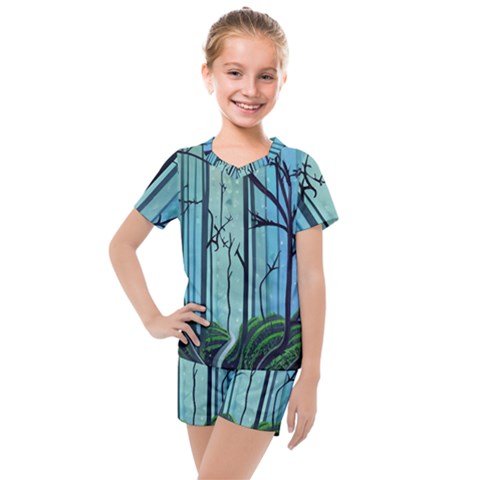 Nature Outdoors Night Trees Scene Forest Woods Light Moonlight Wilderness Stars Kids  Mesh T-shirt And Shorts Set by Grandong