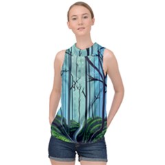 Nature Outdoors Night Trees Scene Forest Woods Light Moonlight Wilderness Stars High Neck Satin Top by Grandong