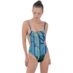 Nature Outdoors Night Trees Scene Forest Woods Light Moonlight Wilderness Stars Tie Strap One Piece Swimsuit by Grandong