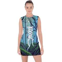 Nature Outdoors Night Trees Scene Forest Woods Light Moonlight Wilderness Stars Lace Up Front Bodycon Dress by Grandong