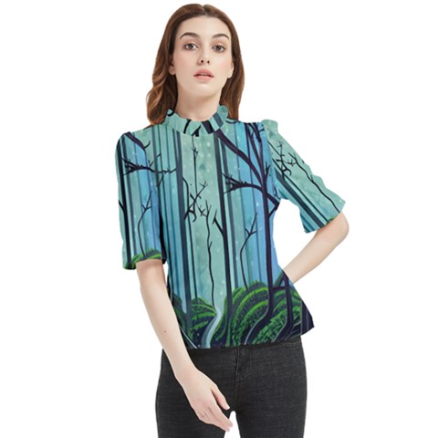 Nature Outdoors Night Trees Scene Forest Woods Light Moonlight Wilderness Stars Frill Neck Blouse by Grandong