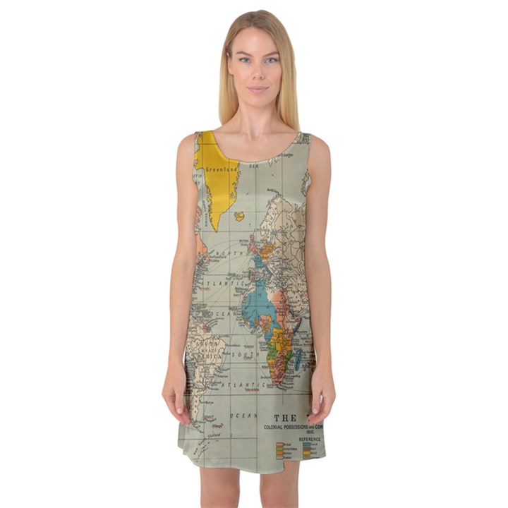 Vintage World Map Sleeveless Satin Nightdress