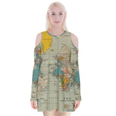 Vintage World Map Velvet Long Sleeve Shoulder Cutout Dress by Ket1n9