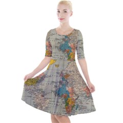 Vintage World Map Quarter Sleeve A-line Dress With Pockets