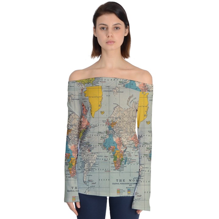 Vintage World Map Off Shoulder Long Sleeve Top