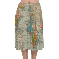 Vintage World Map Velvet Flared Midi Skirt