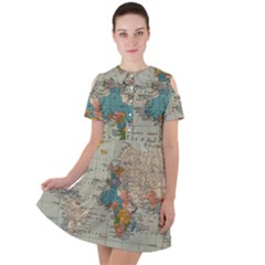 Vintage World Map Short Sleeve Shoulder Cut Out Dress  by Ket1n9